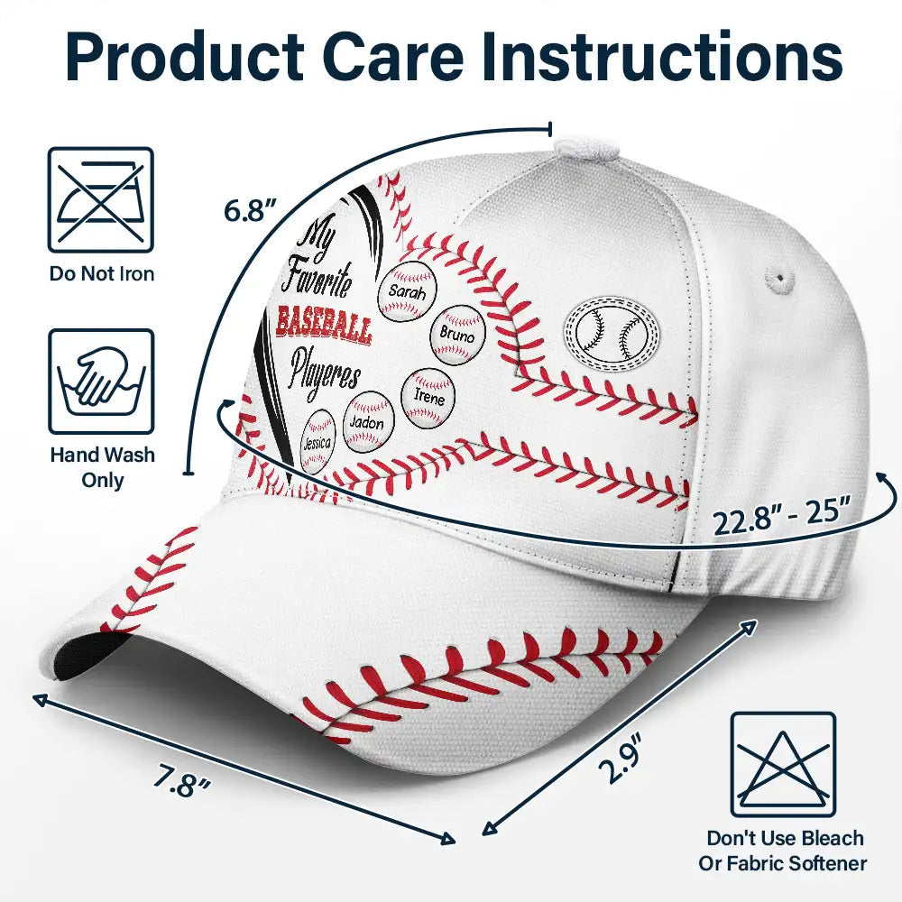 Personalized baseball cap with "My Favorite Baseball Players" design, white with red stitching, care instructions.