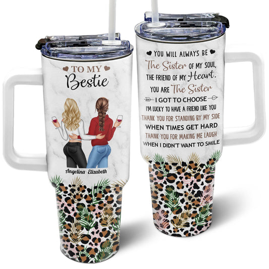 Personalized best friend tumbler with straw, featuring a 'Bestie' design and leopard print, perfect for gifts.
