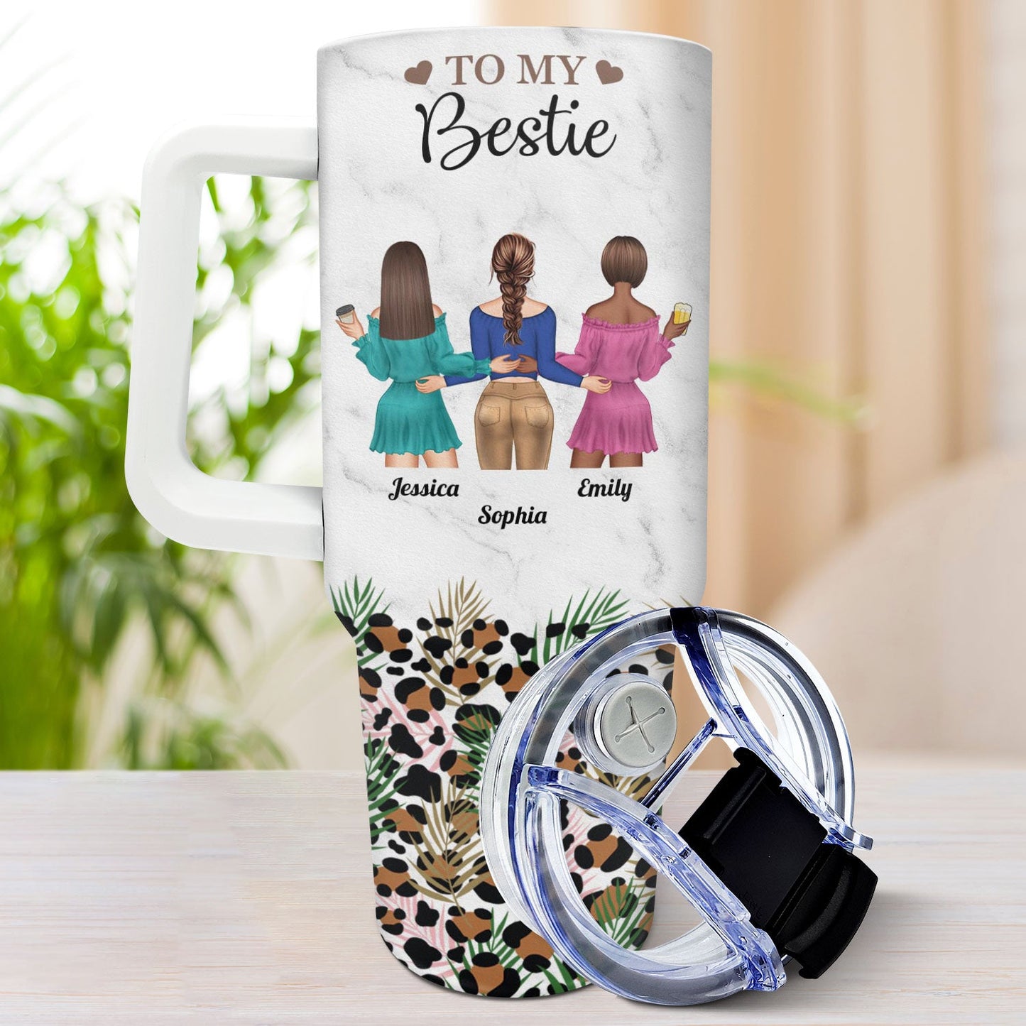 Personalized Bestie tumbler with straw and lid, leopard print design, 40oz travel mug, best friend gift, custom name