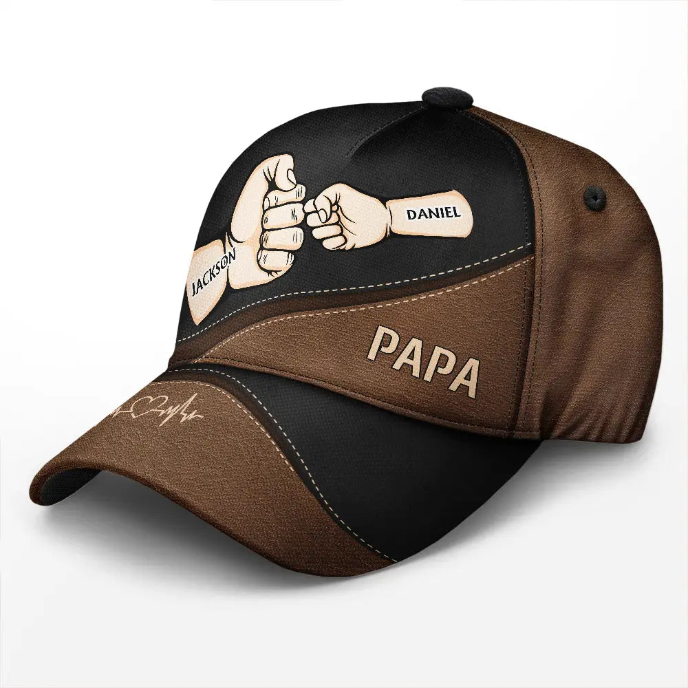 Fist bump cap for dad and pet, personalized with name and pet details. Classic cap design, brown and black color.