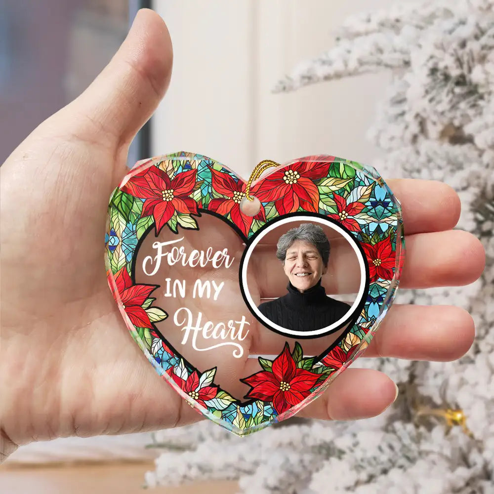 Personalized heart-shaped glass ornament with custom photo and 'Forever in Our Hearts' message, floral design, a keepsake.
