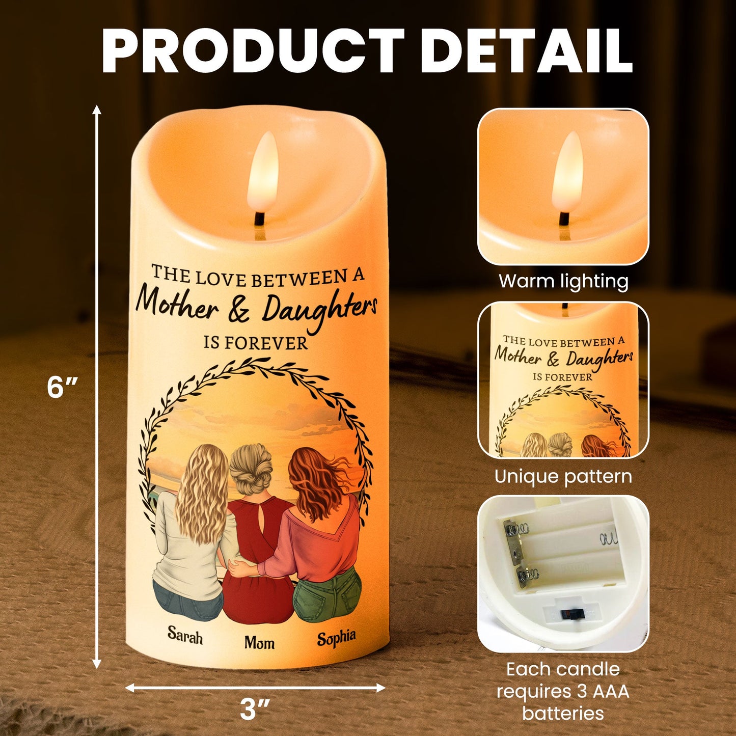 Personalized LED candle for mother & daughter with heartfelt message, flameless, Christmas or Mother's Day gift.