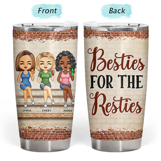 Personalized best friend tumbler, featuring cartoon figures and Besties for the Resties text, double-walled stainless steel.