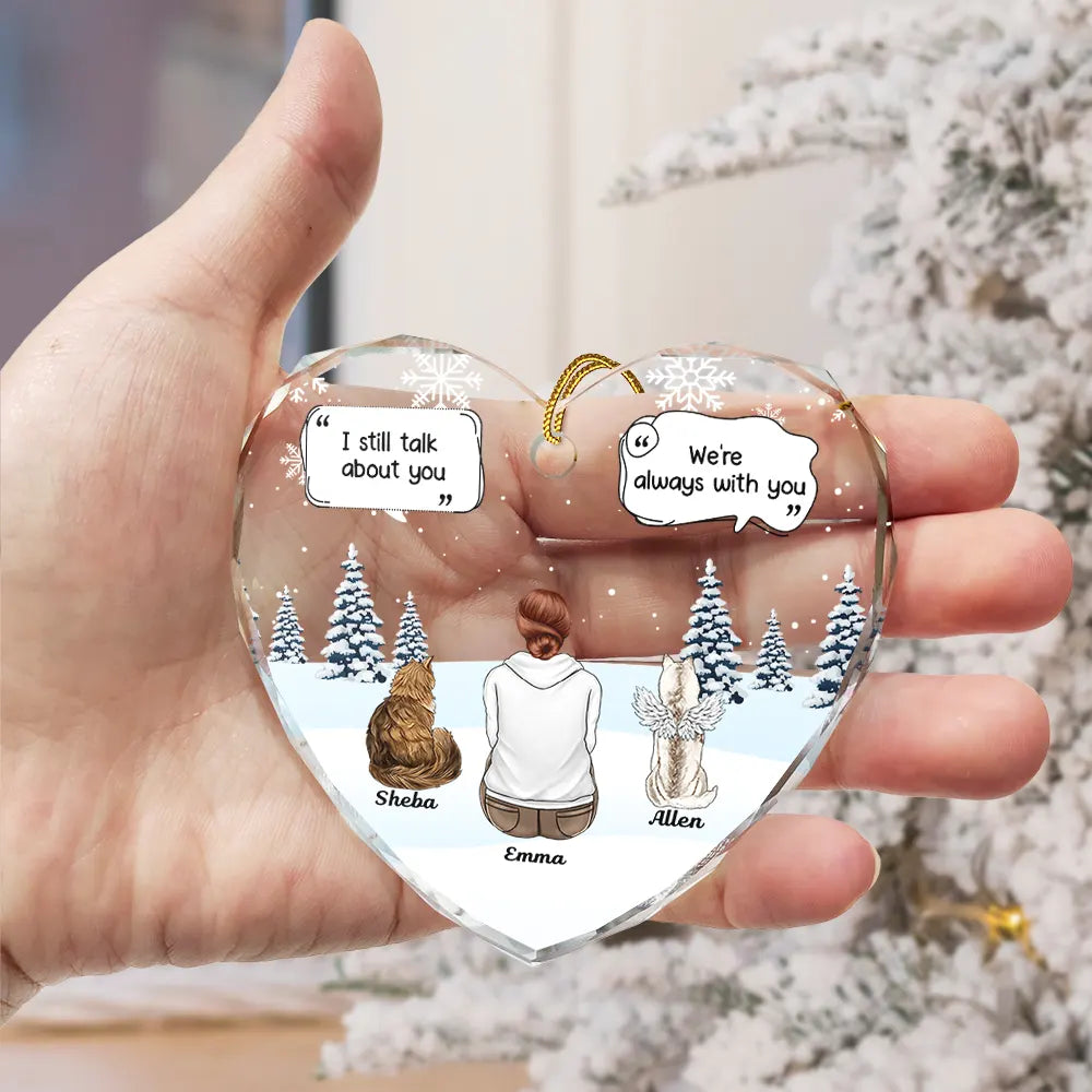 Personalized heart-shaped glass pet memorial ornament with dog and cat design, featuring I Miss You message and Forever.