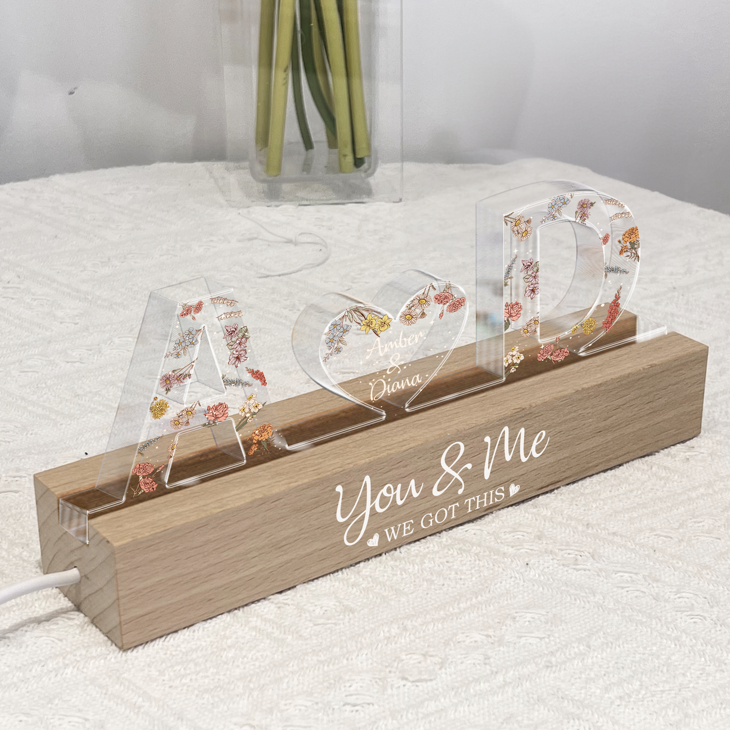 Personalized LED Night Light 'You & Me We Got This' on wooden base, anniversary gift