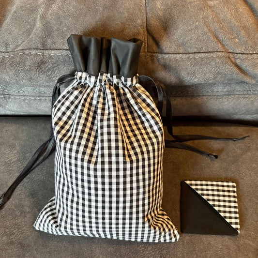 Handmade Chic Checkered Drawstring Bag with Free Matching Bookmark