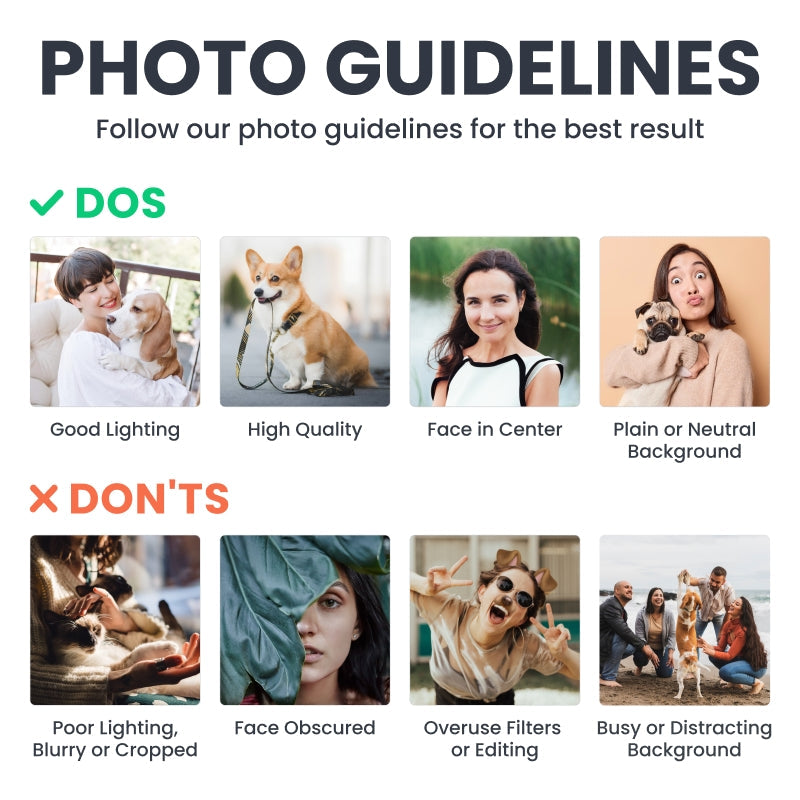 Photo guidelines for personalized keychain: examples and don'ts. Ensure high-quality image for printing.