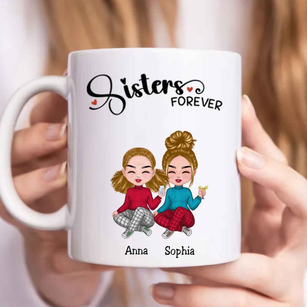 Personalized Sisters Forever Mug with Custom Illustration: Anna and Sophia, custom skin tone and hair