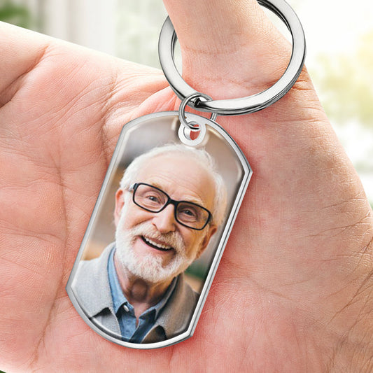 Custom photo memorial keychain with engraved image of loved one, stainless steel sympathy gift.