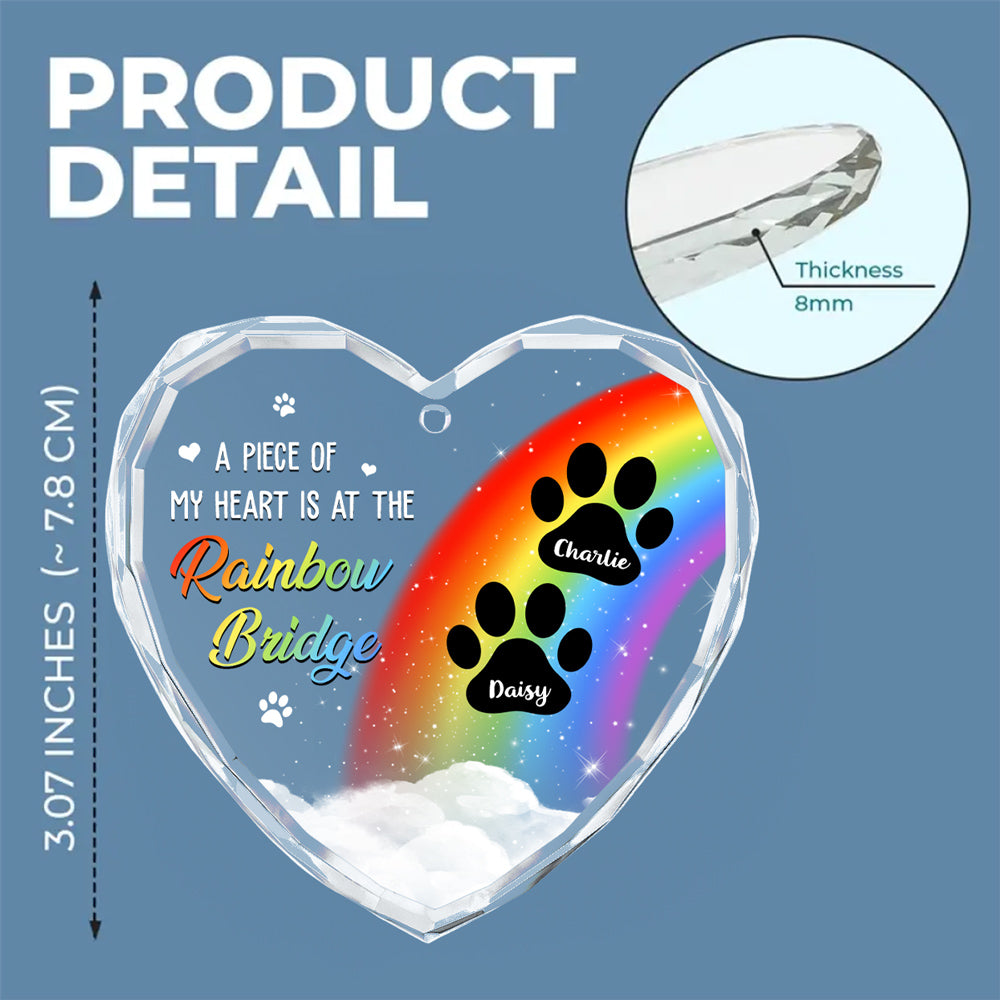 Heart-shaped glass ornament with rainbow bridge design and paw prints for dog mom, 3.07 inches tall.