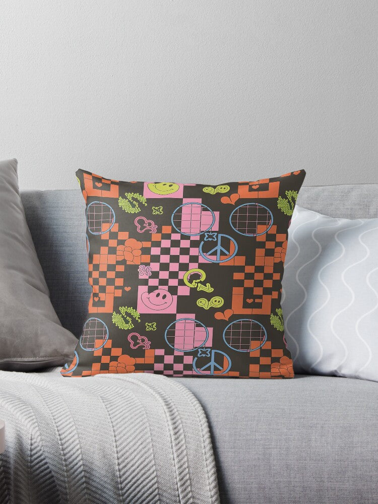 Y2K Neon Checked Retro Vibes Pillow