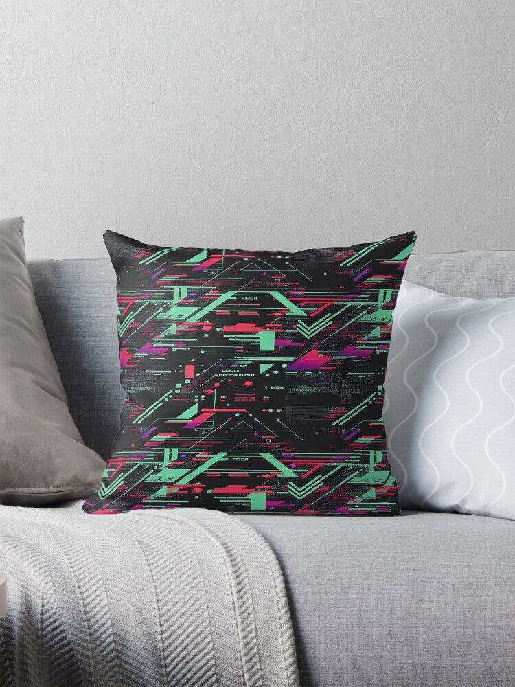 Vibrant Digital Glitch Geometric Pattern Pillow