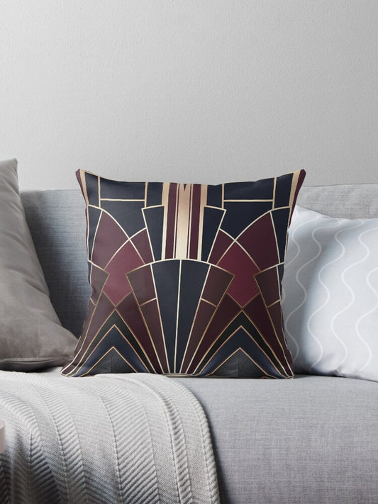 Art Deco Geometric Elegance in Navy & Wine Pillow