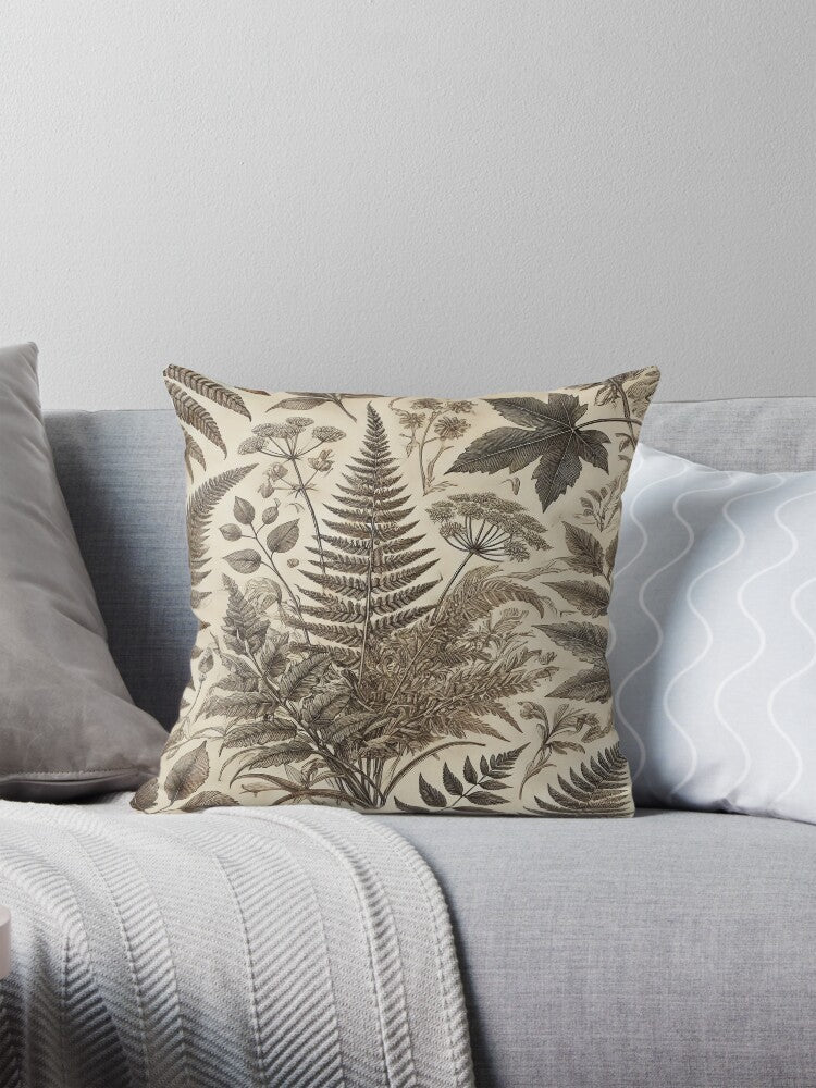 Sepia Forest Study – Vintage Botanical Fern Pattern Pillow
