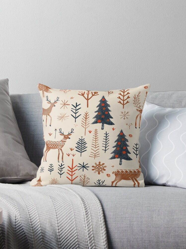 Nordic Woodland Christmas Pattern – Reindeer & Winter Forest Design Pillow