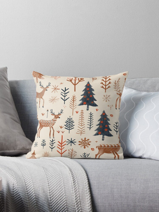 Nordic Woodland Christmas Pattern – Reindeer & Winter Forest Design Pillow