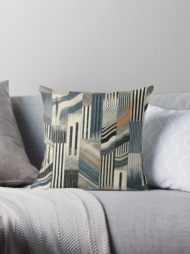 Waves of Contrast – Painterly Stripes in Grayscale Pillow