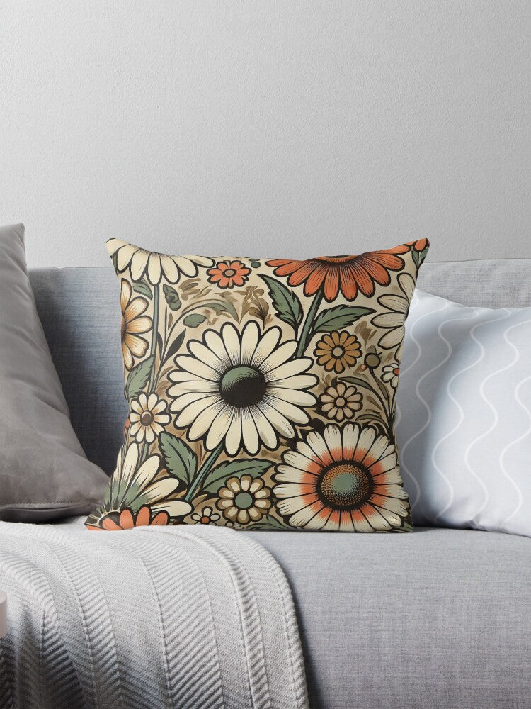 Flower Power Bloom – Retro 60s & 70s Seamless Floral Pattern Pillow