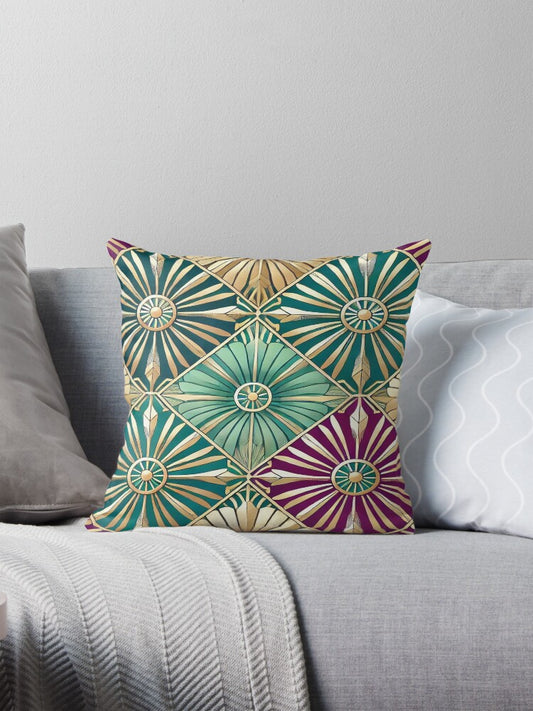 Gilded Deco Radiance – Jewel Tone Geometric Art Deco Pattern Pillow