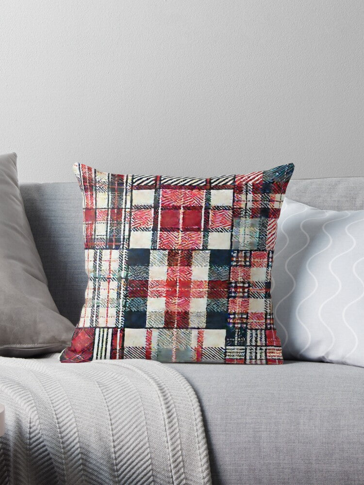 Layered Retro Picnic Plaid – Vintage Checkered Fabric Pattern Pillow