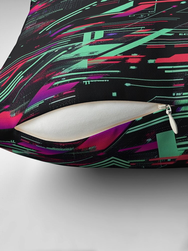 Vibrant Digital Glitch Geometric Pattern Pillow