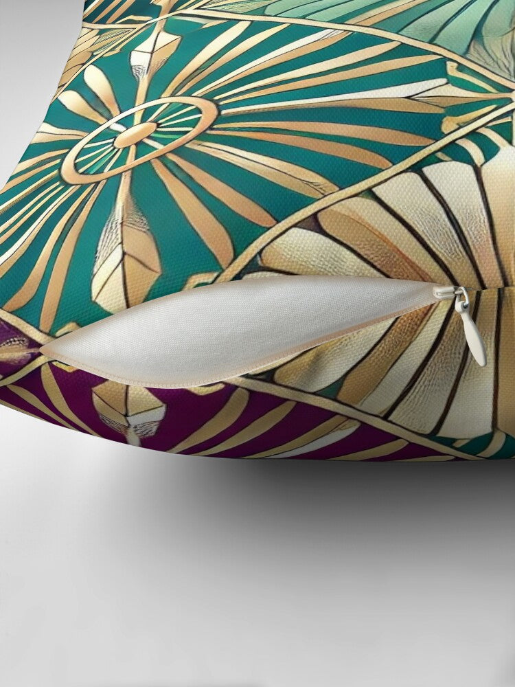 Gilded Deco Radiance – Jewel Tone Geometric Art Deco Pattern Pillow