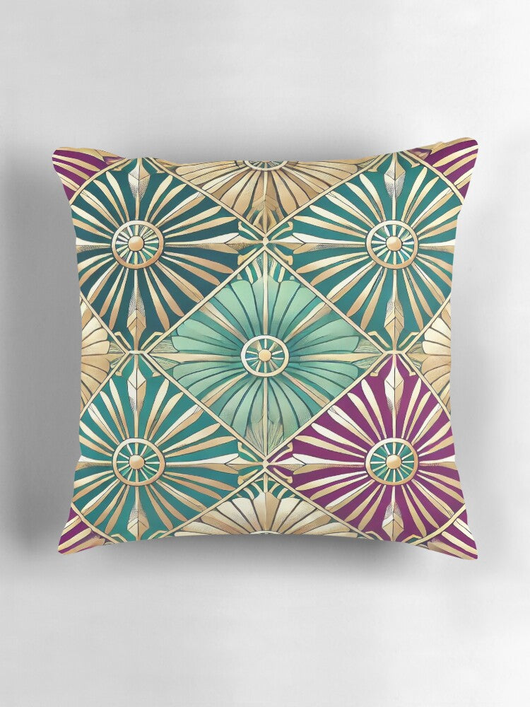 Gilded Deco Radiance – Jewel Tone Geometric Art Deco Pattern Pillow